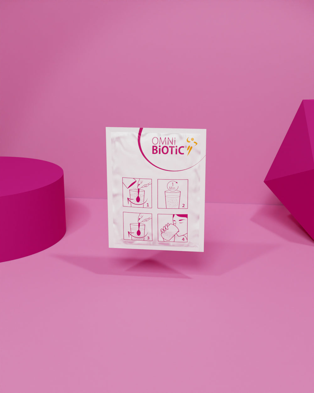 OMNi-BiOTiC Power Sachet vor magenta Hintergrund mit Grapefruit